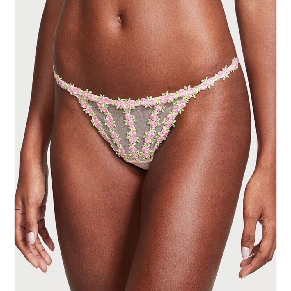 NWT Victoria's Secret Dream‎ Angels Rosebud Embroidery String Bikini Sz L Pink